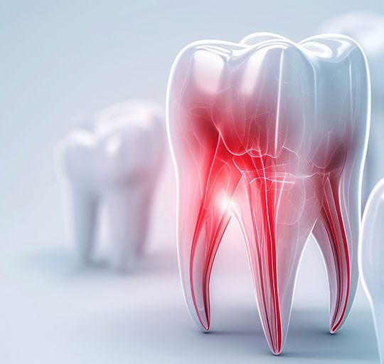 Rendering of several teeth on a white background with one of them glowing red with infection